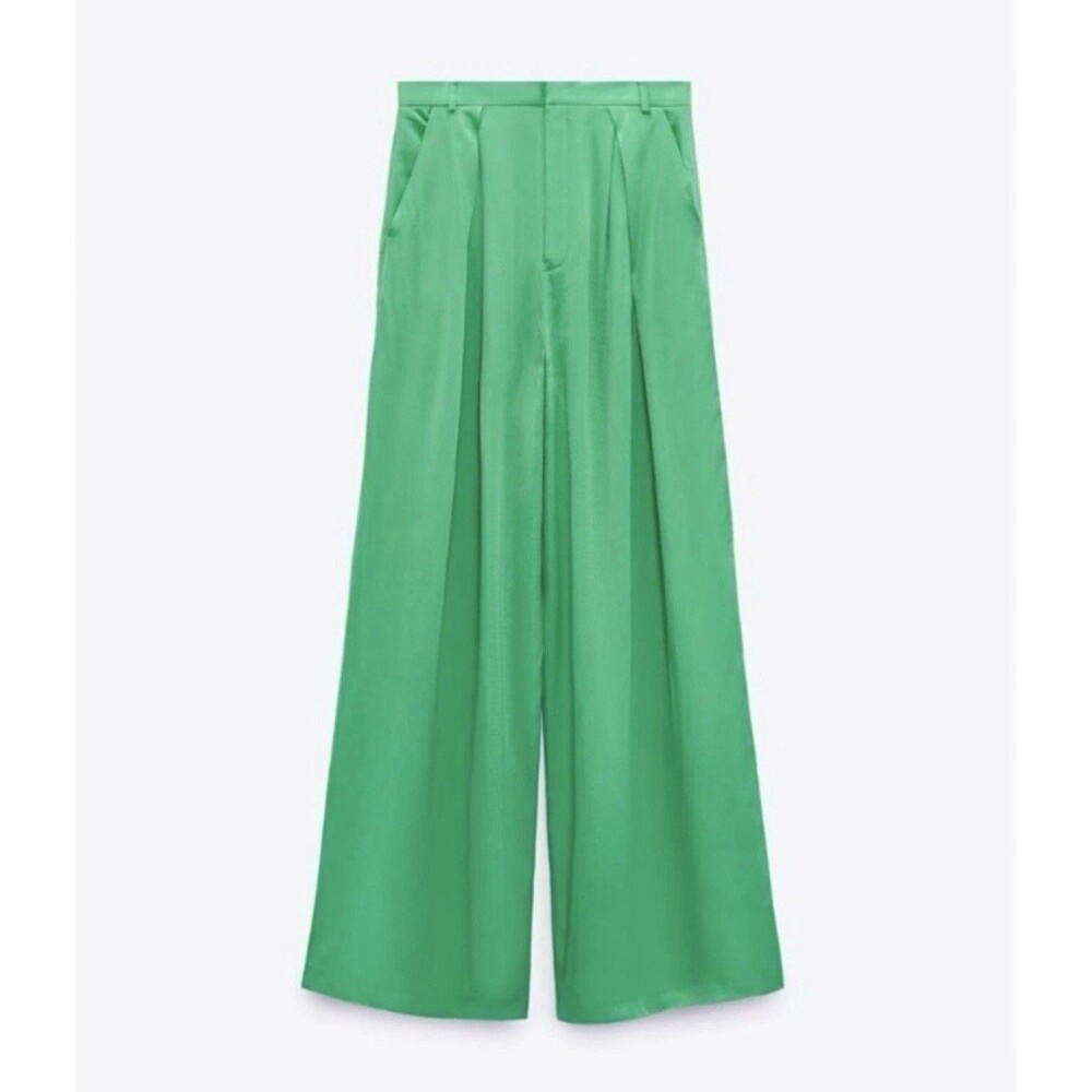 ZARA WOMAN NWT EMERALD Green Wide Leg SATIN EFFECT PANTS M High Waisted